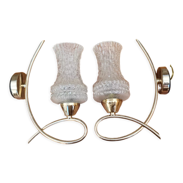 Paire d'appliques vintage laiton et verre ciselé - années 50