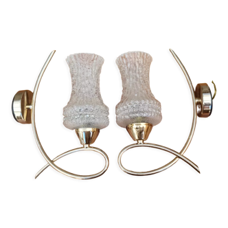 Pair of vintage brass and chiseled glass sconces - 50s