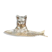 Vide-poche vintage chat poisson en laiton sur socle bois massif