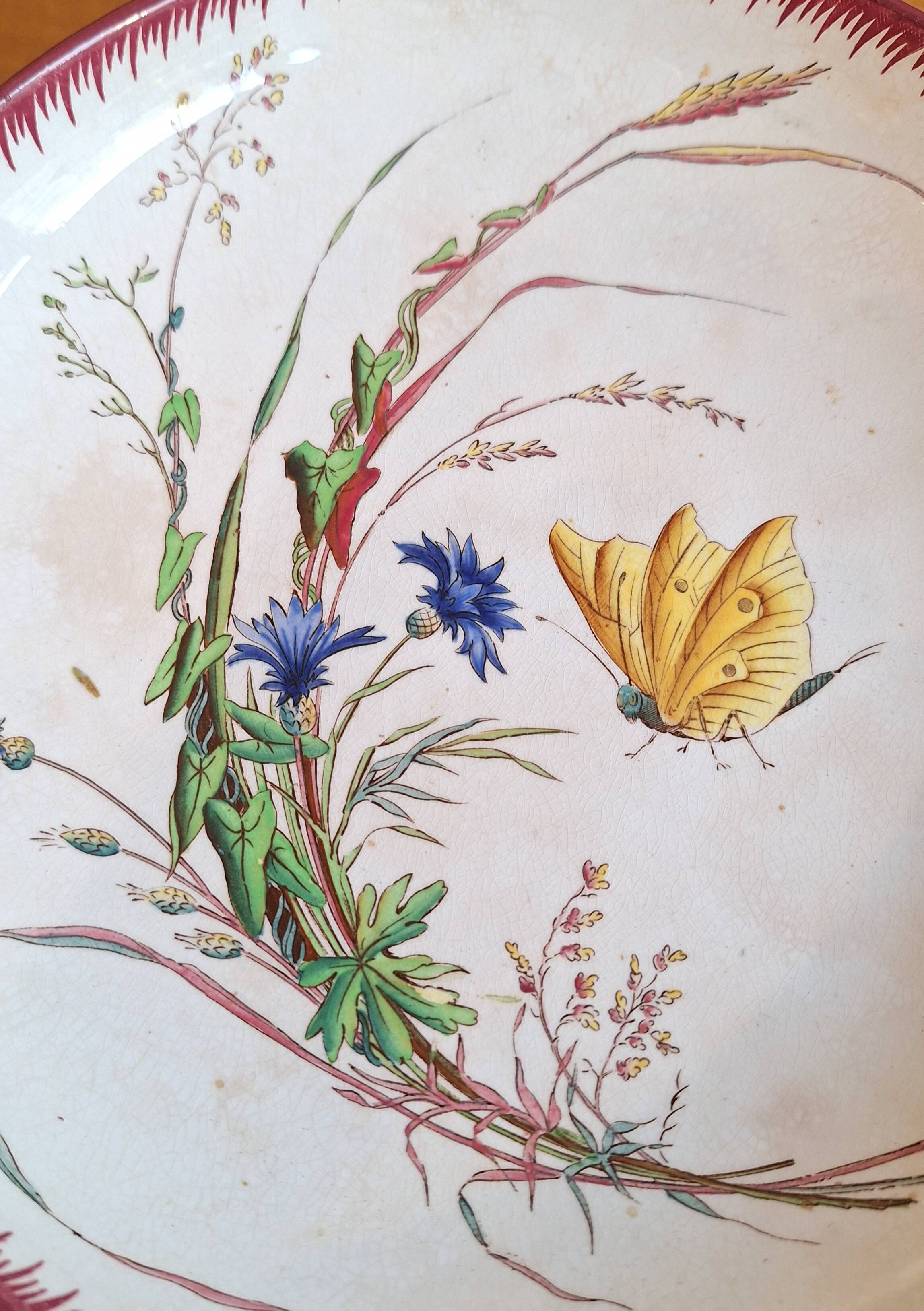 Compote dish/round bowl on foot Sarreguemines Butterfly decoration