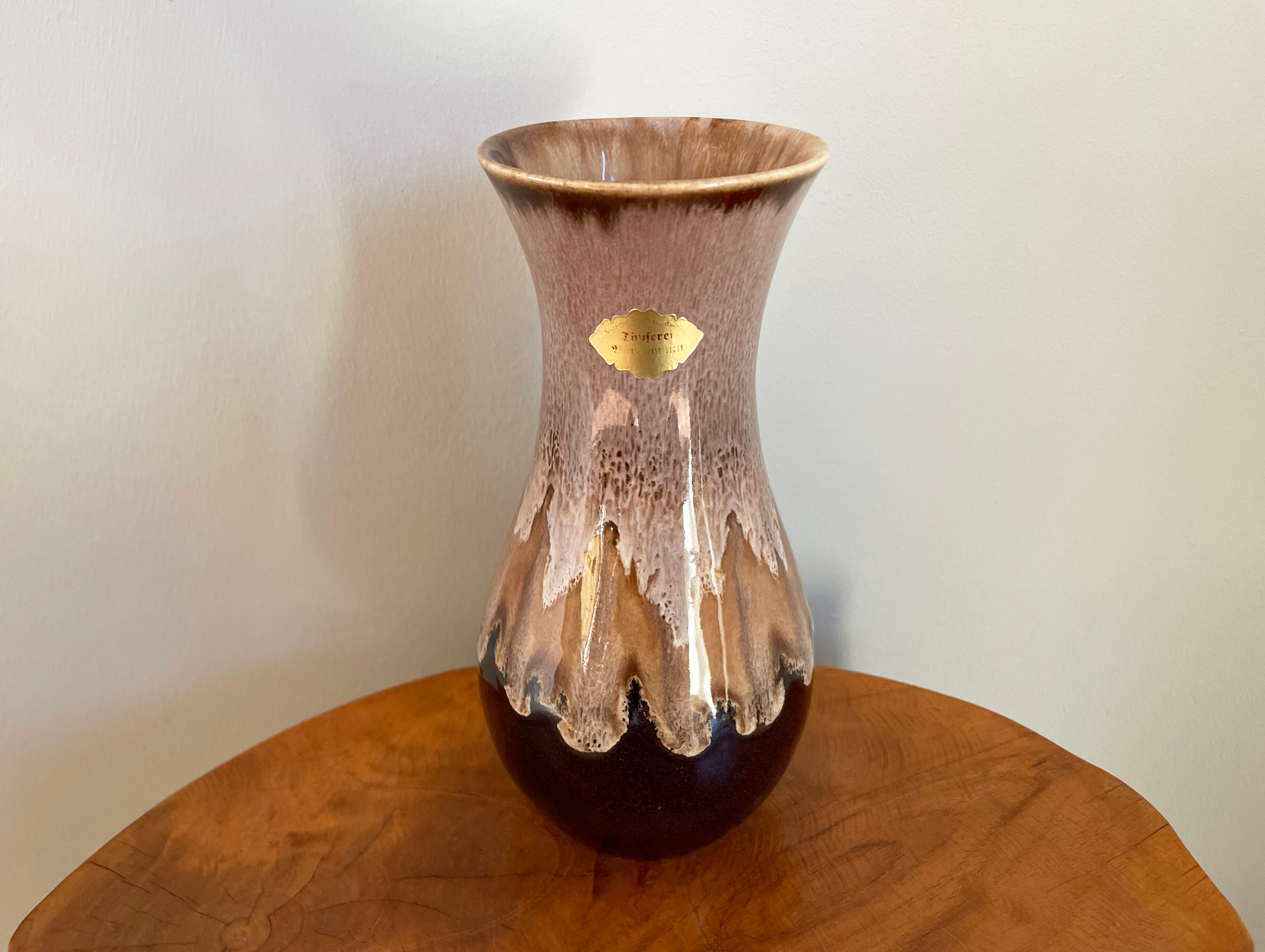 Brown German Fat Lava Style Vase with Drip Glaze, Töpferei Zimmermann