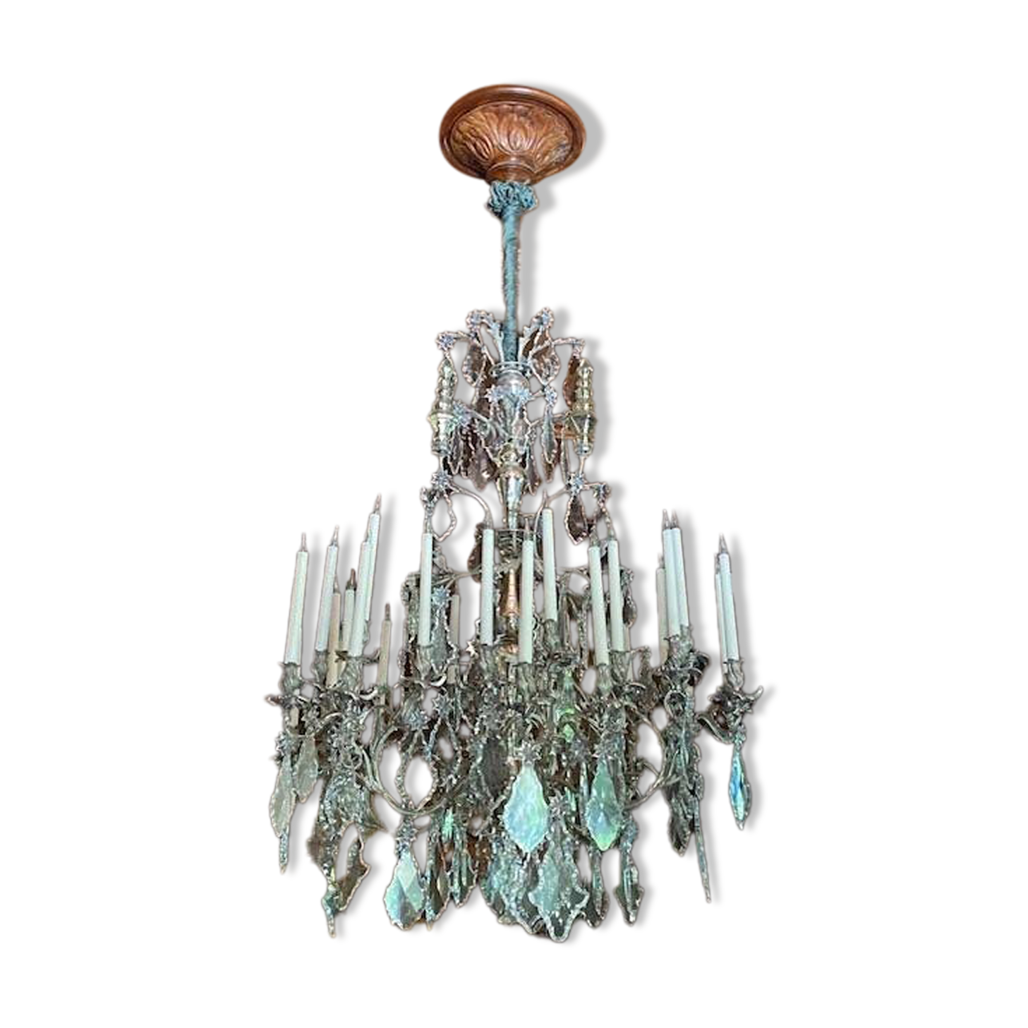 Louis XV style cage chandelier with thirty lights in silver metal