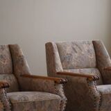 Mid-century modern Danish, pair of oak armchairs with original fabric, 1960s.