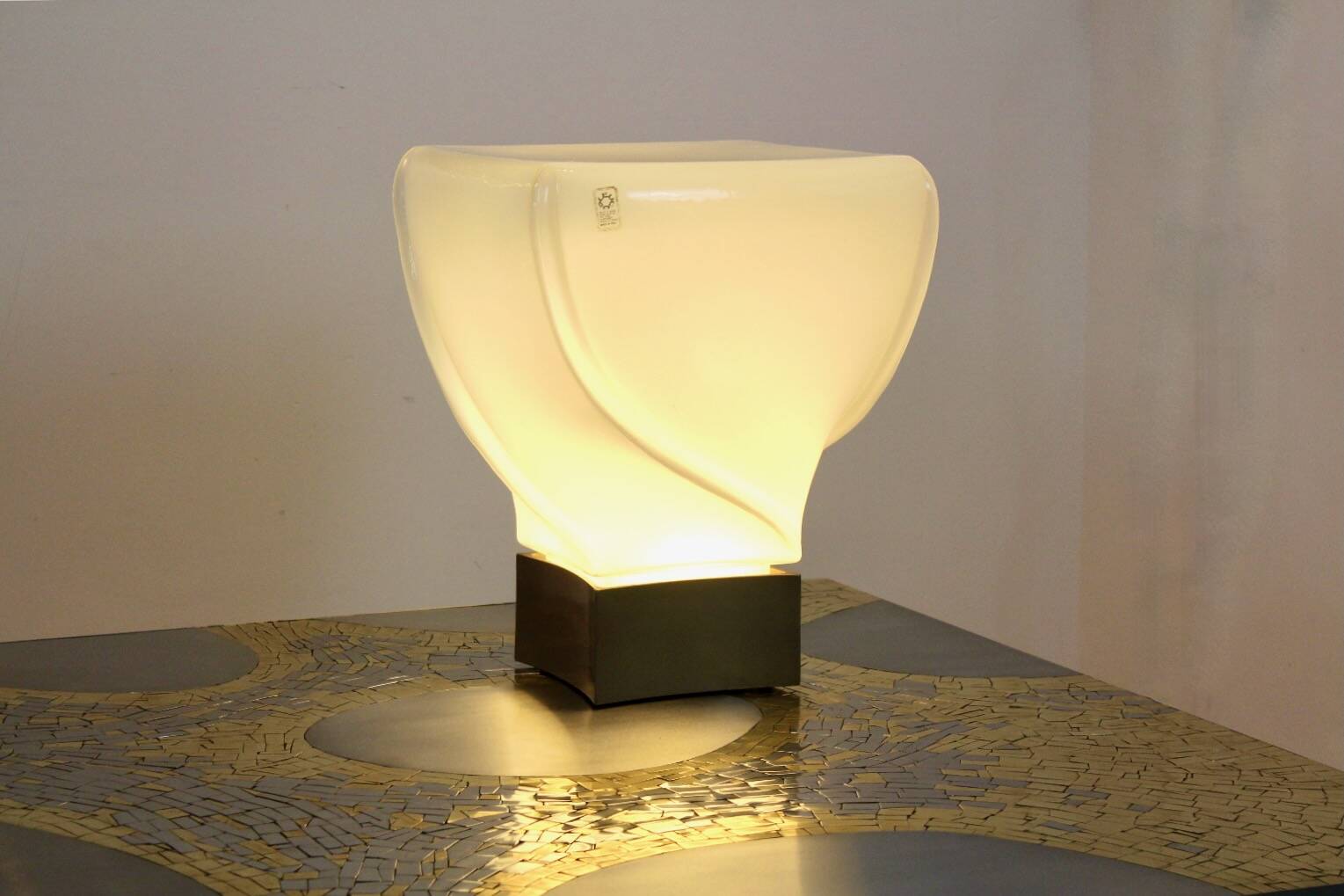 Leucos table lamp, handmade, limited edition in white opalescent glass