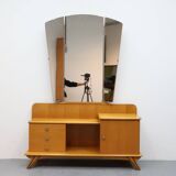 Vintage kaptafel met drieluik spiegel eiken