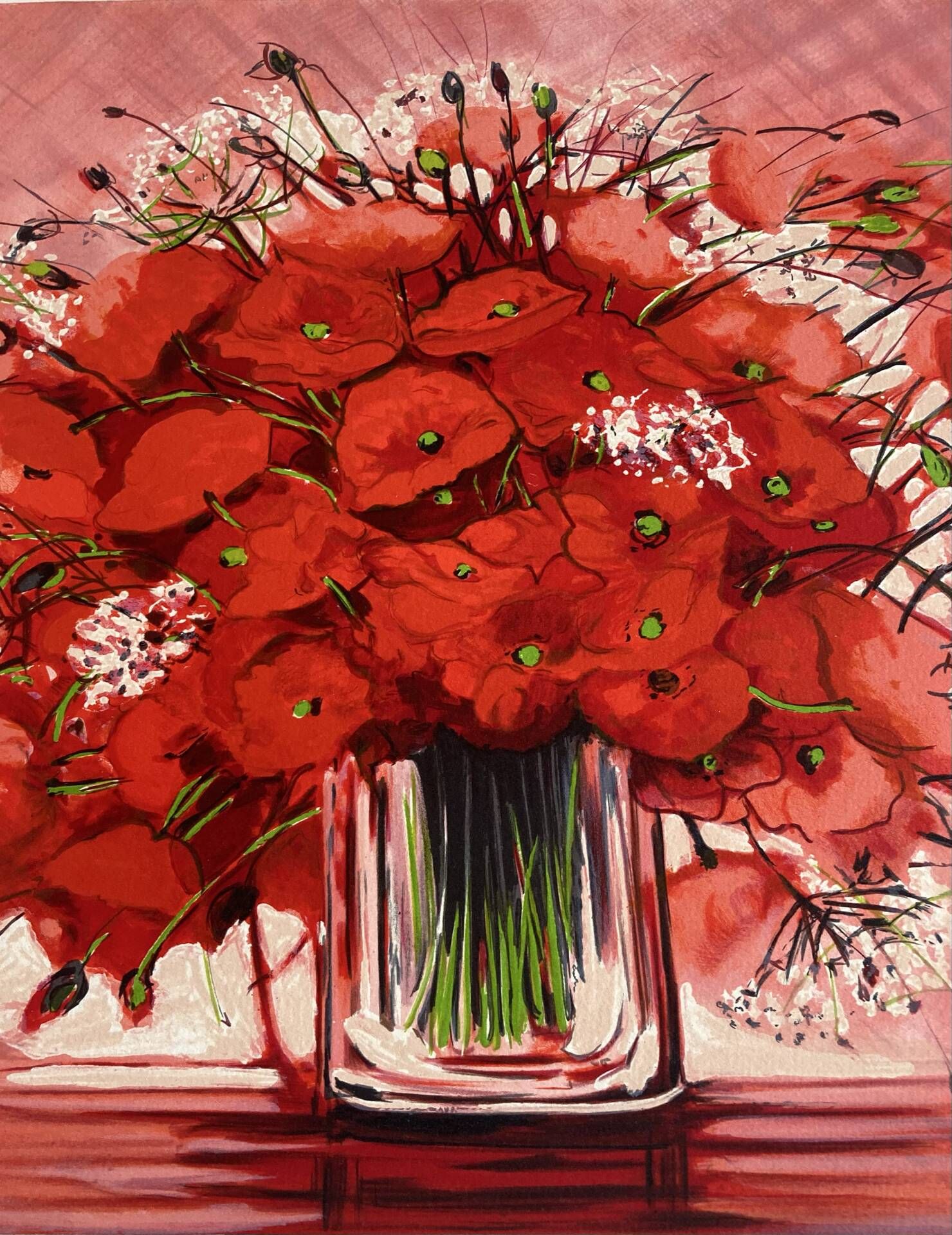 Lithographie originale signée Michel Henry - Bouquet de Coquelicots