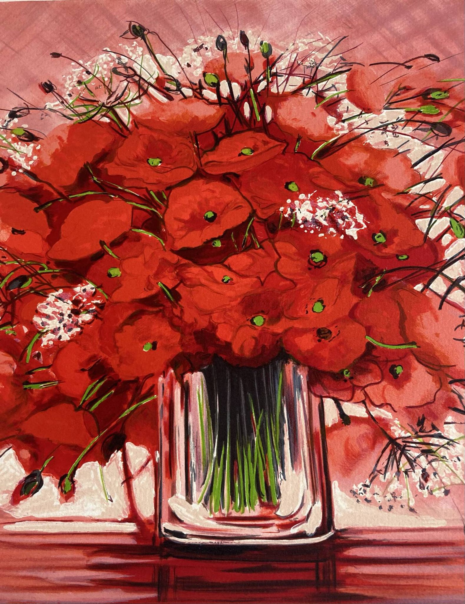 Lithographie originale signée Michel Henry - Bouquet de Coquelicots