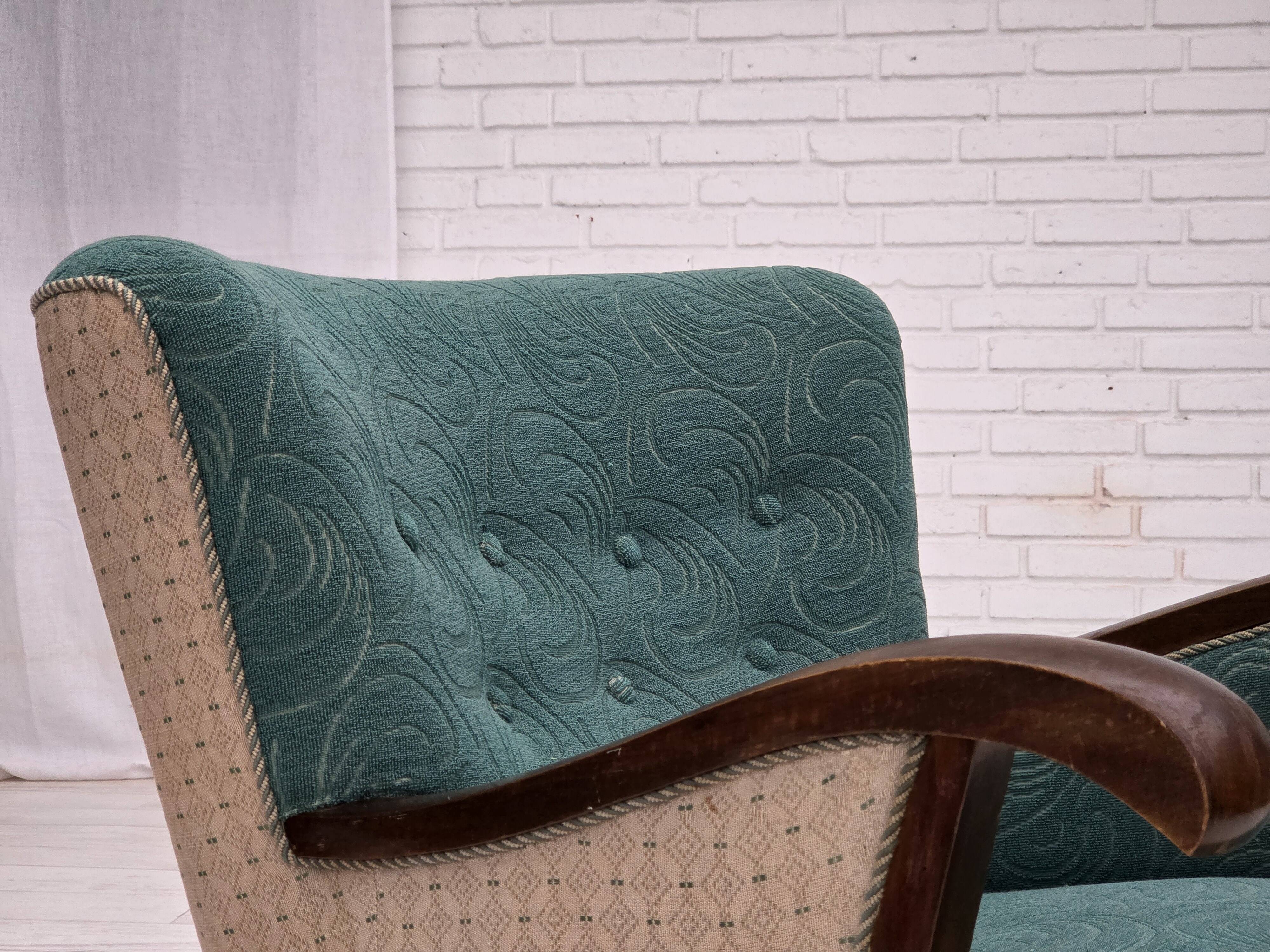 1950s, Danish armchair, original green/beige furniture wool, beech wood.