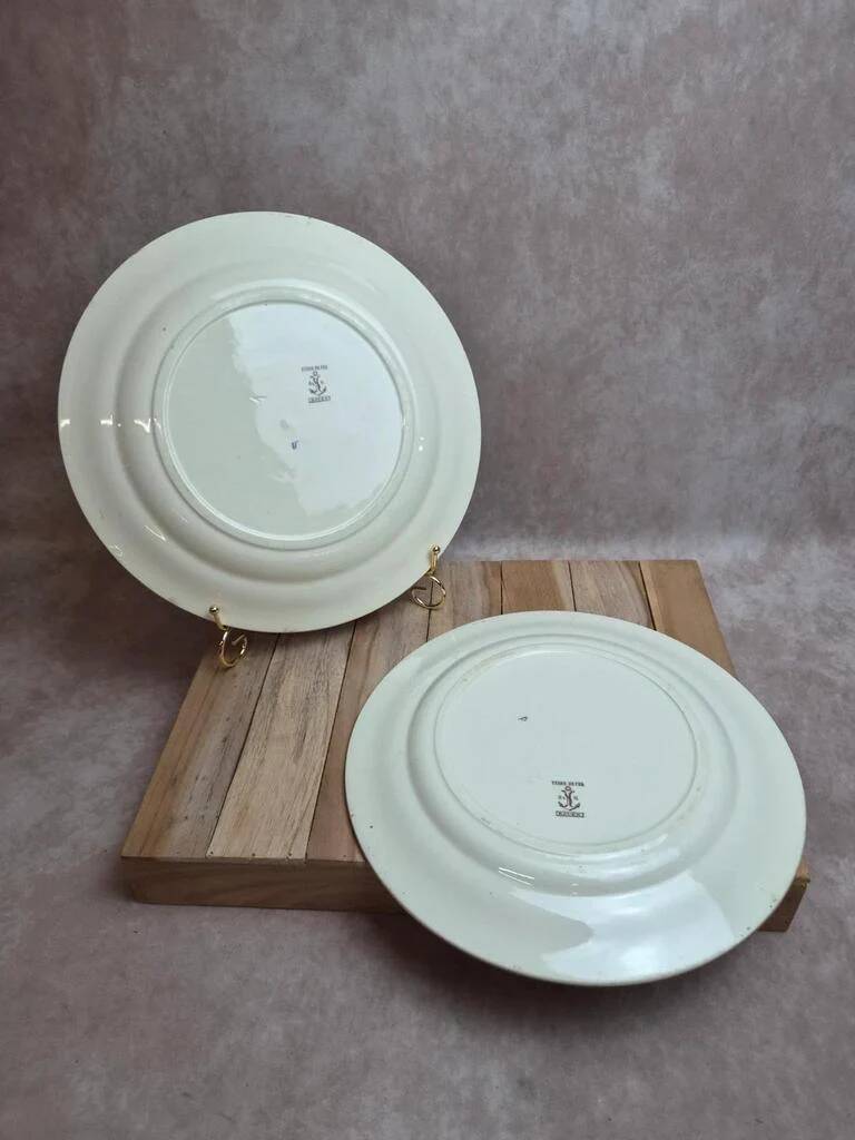 2 round plates Terre de Fer Clairefontaine Rouen sepia 19th century