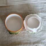 Vintage sugar bowl with gingham pattern hat and peach barbotine pattern