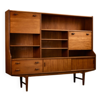 Mid-Century Teak Highboard with Sculpted Legs, Storage and Glass Shelf, 1960s