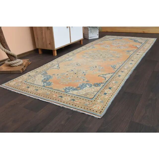 Vintage Turkish Hand-Knotted Wool Cotton Orange Runner Rug  118x304