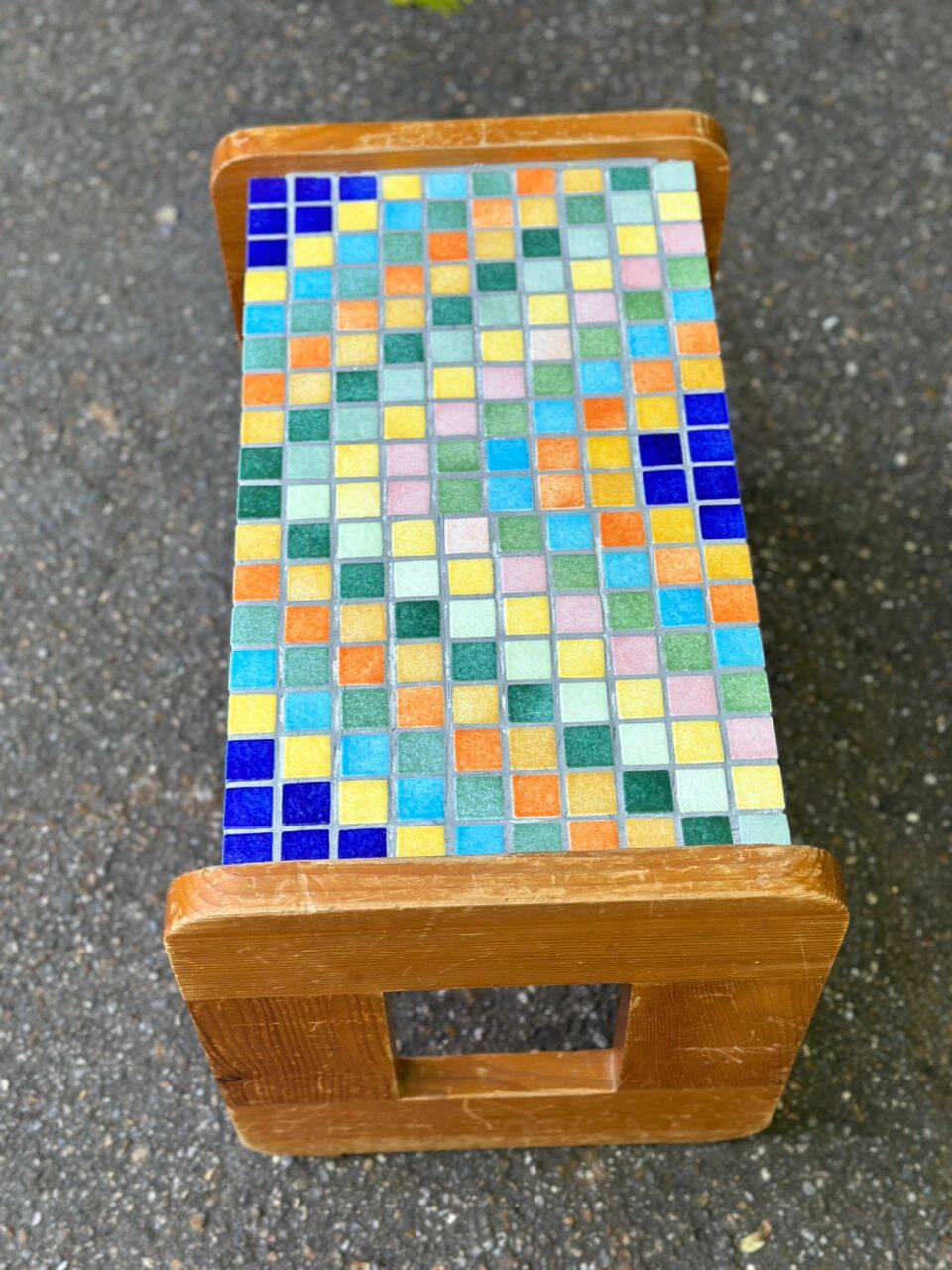 Vintage wooden and mosaic stool bench from the 1960s.
