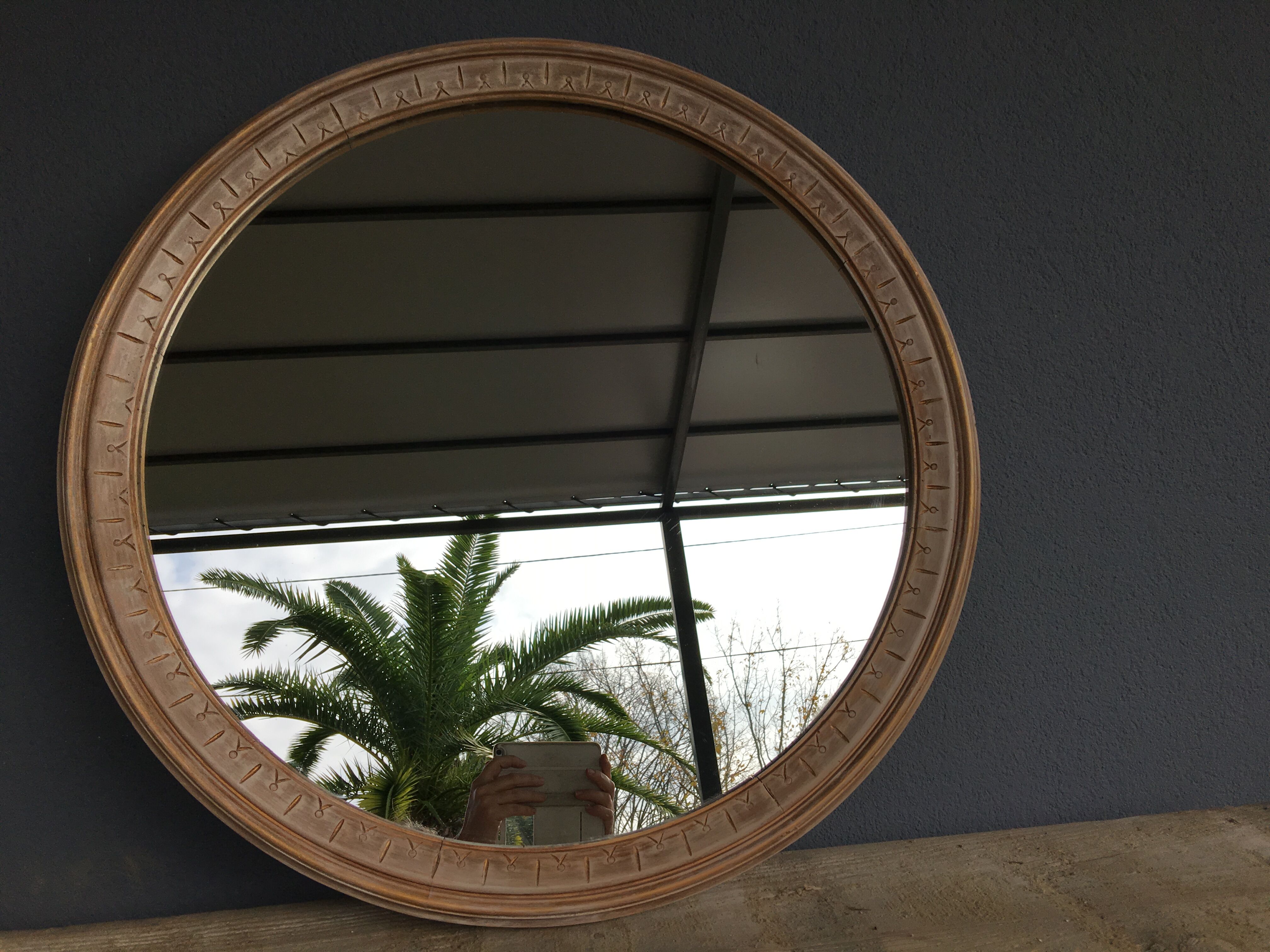 Large round mirror frame patinated wood 70 cm