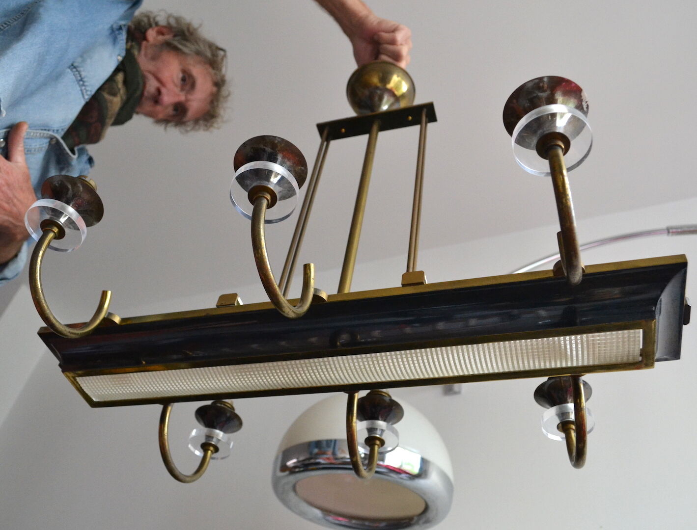 Rectangular Art Deco Chandelier 6 Golden Brass Lights