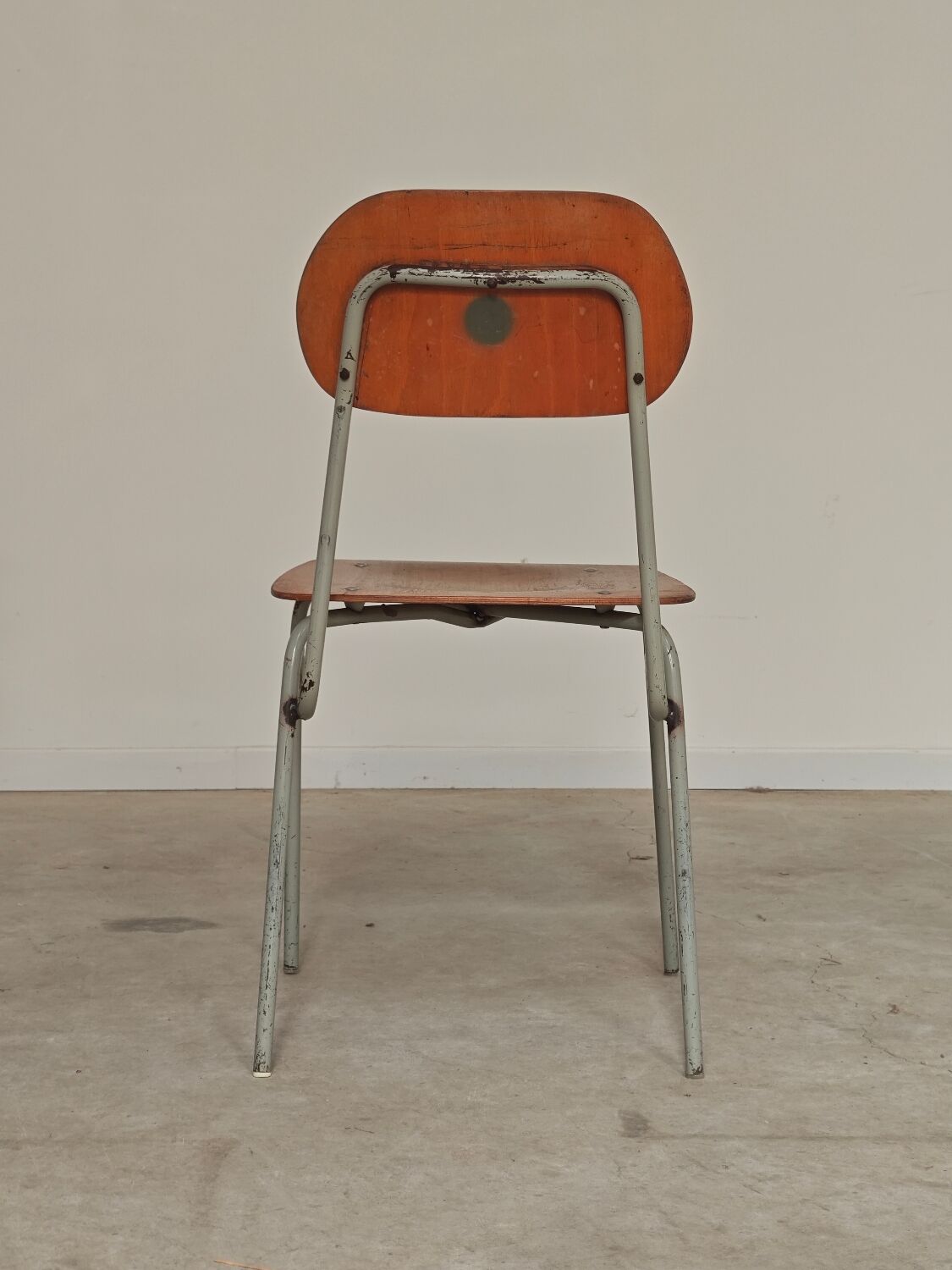 Set of 4 metal and wood school chairs, former Czechoslovakia, 1960.