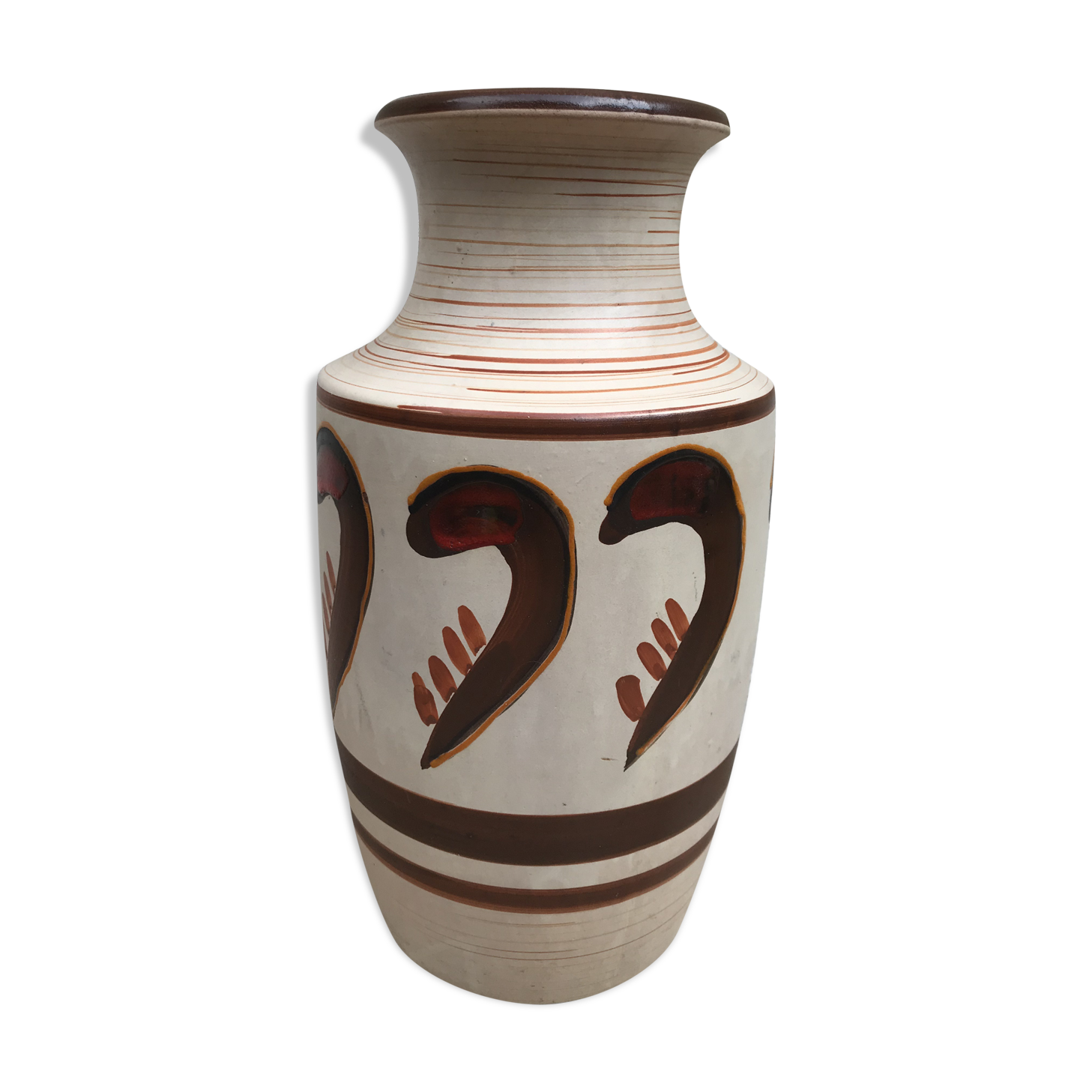 Antique beige ceramic vase with decorative painting