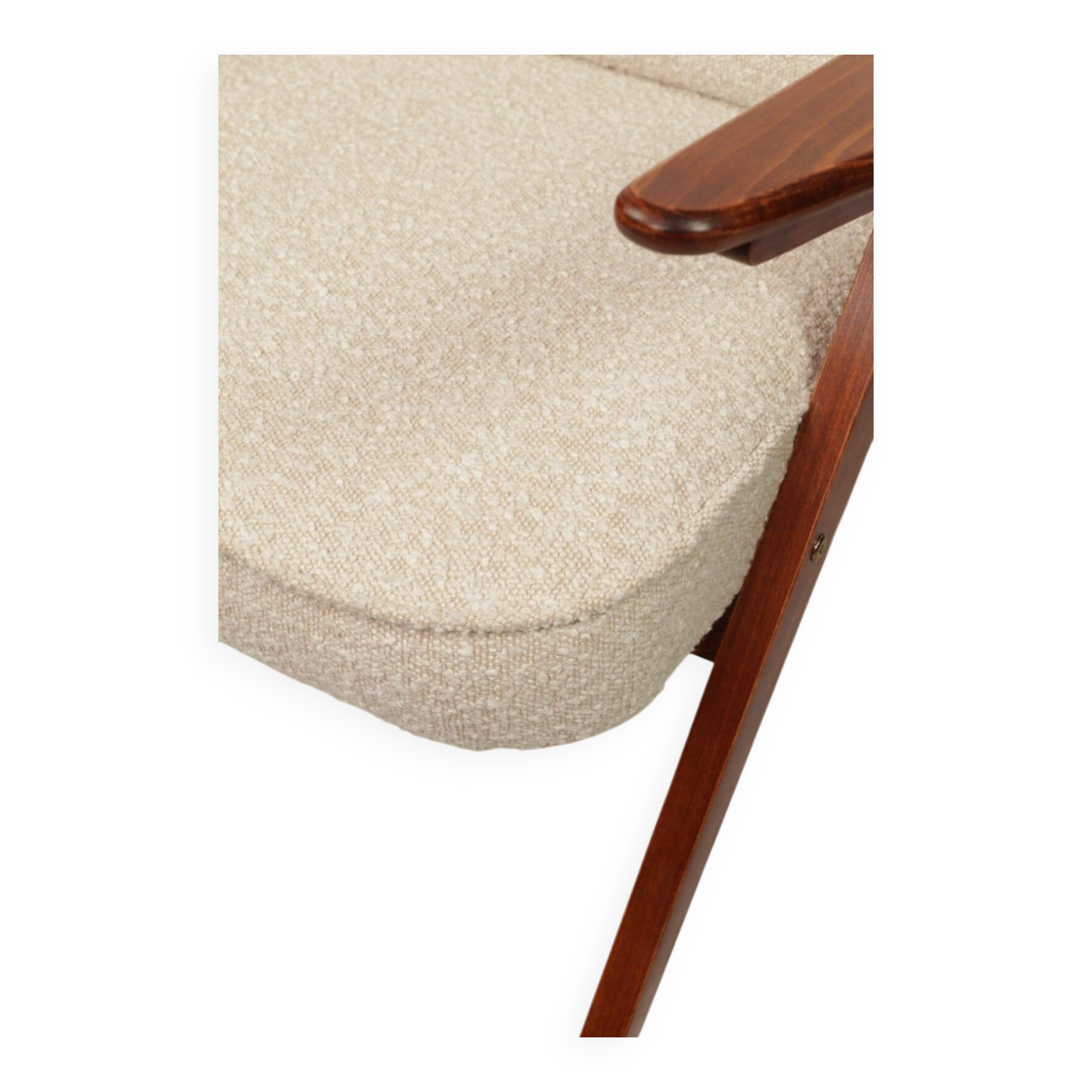 Fauteuil Bouclè de J. Chierowski, 1960 Pologne, Fauteuil en bois Design scandinave