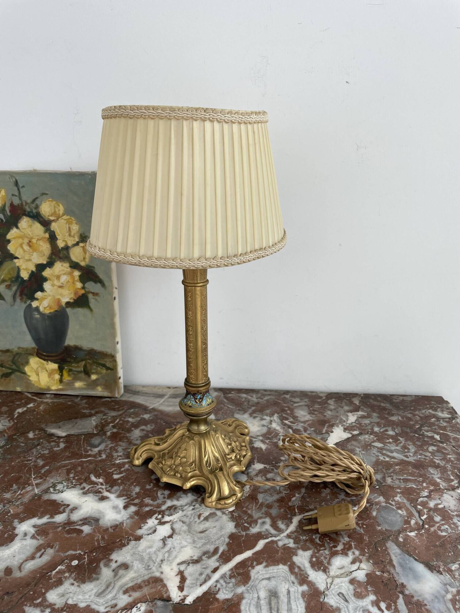 Antique, lamp, bronze, candle holder, gold, cloisonné enamel, ecru white lampshade, flower decor, leaf