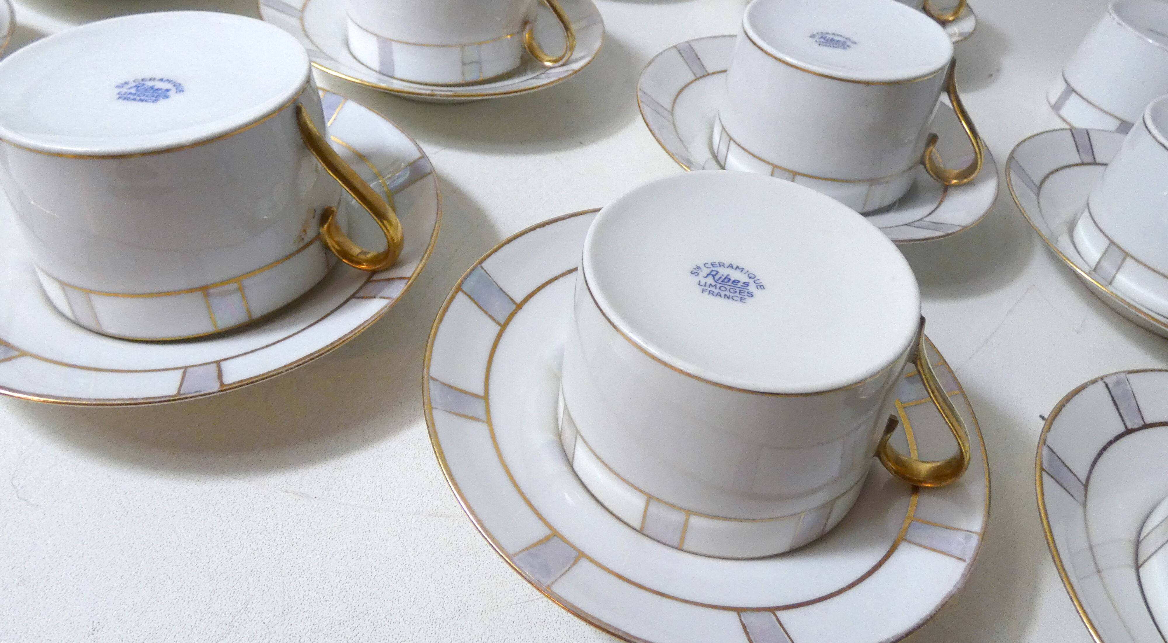 Limoges Ribes porcelain tea and coffee service, gold, silver, iridescent mother-of-pearl, Art Deco