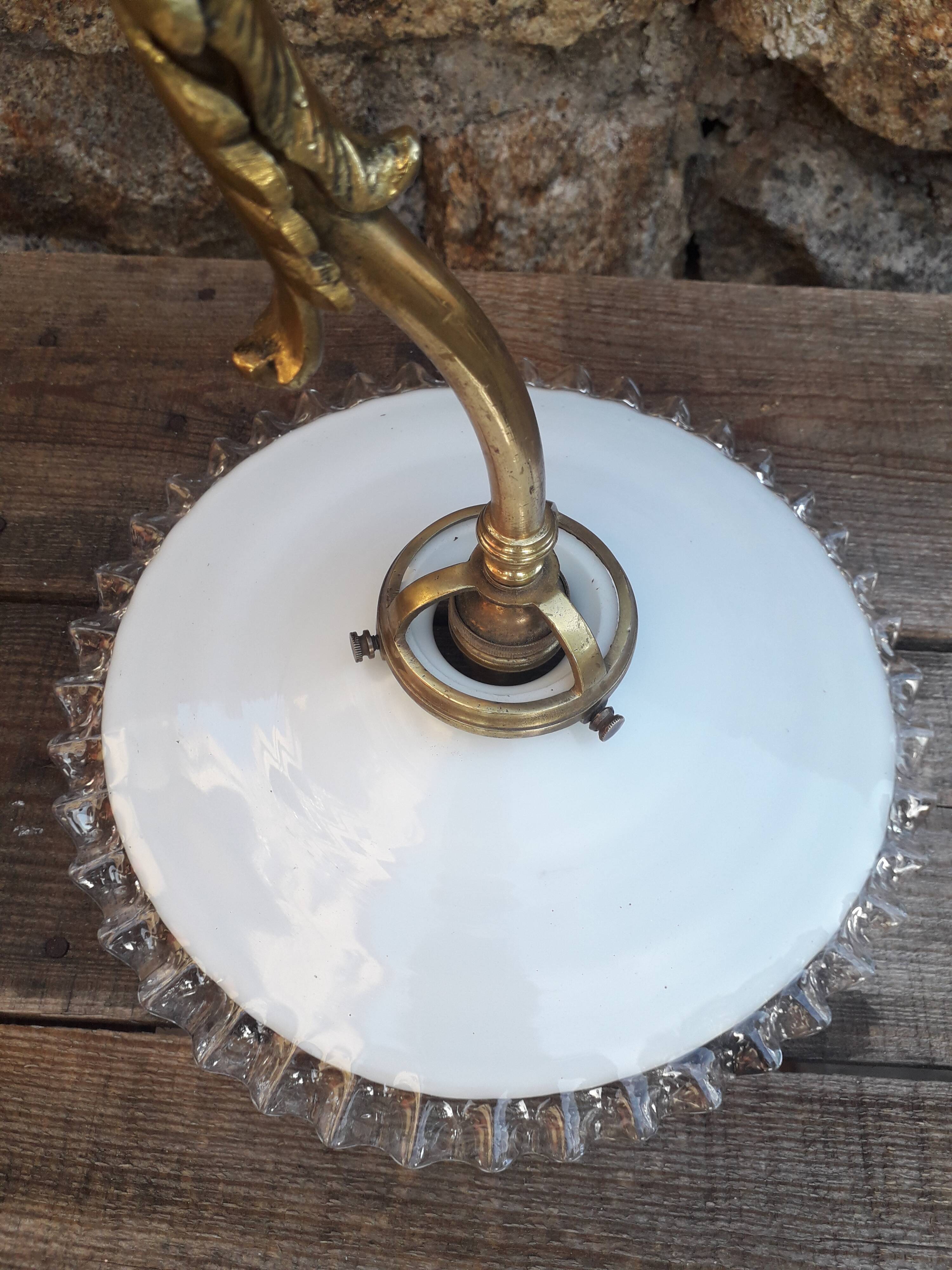 Wall lamp gooseneck bronze and serrated opaline.