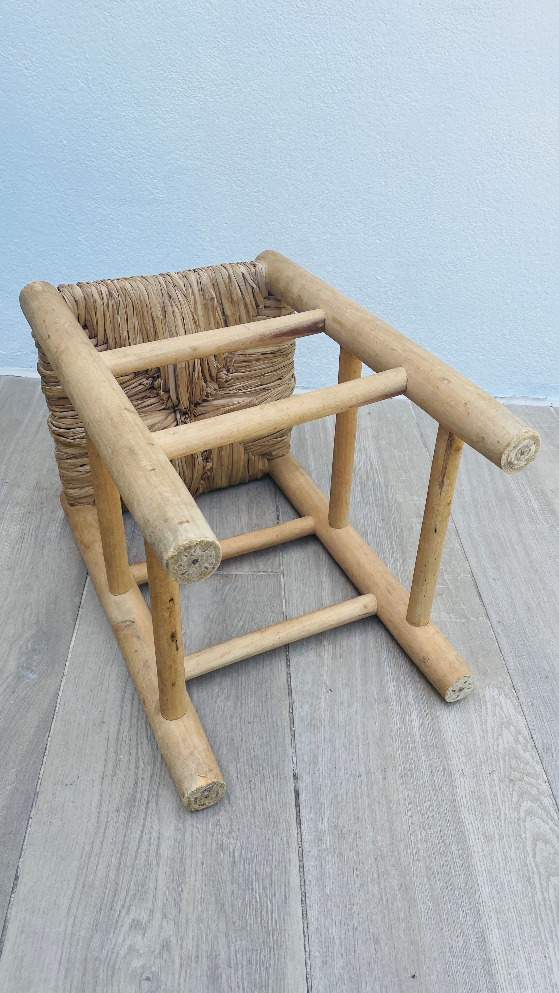 Wooden and straw stool vintage bohemian spirit