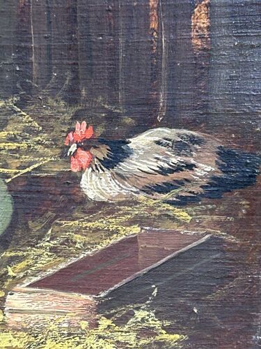 Ancienne huile sur bois XIXème, scène de basse cour, signée " brunville "