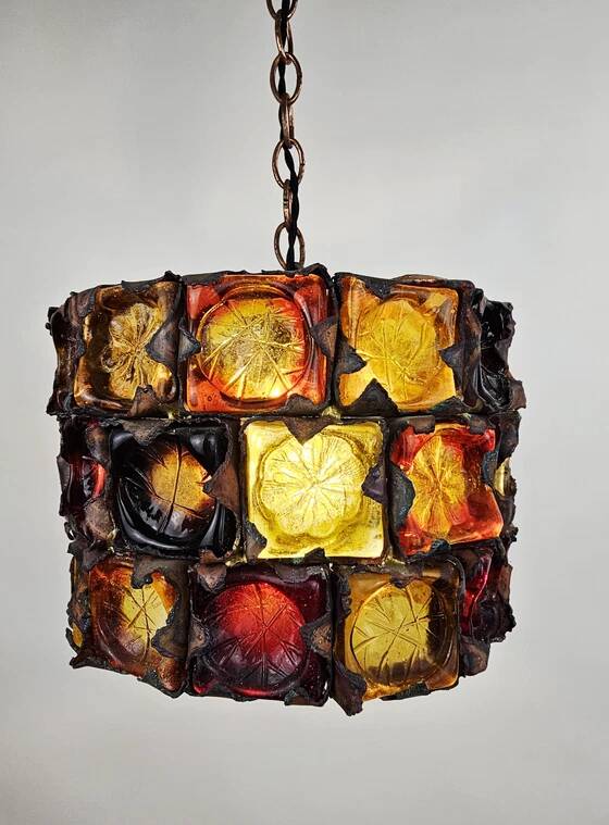 Very rare and unique set of pendant lamps, brutalist glass and metal by Felipe Delfinger for Feder, 1970s Mexico