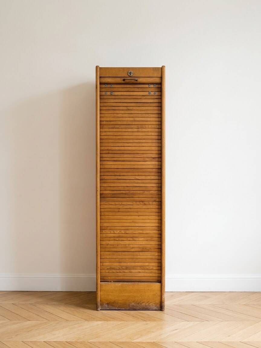 Antique oak filing cabinet with curtains