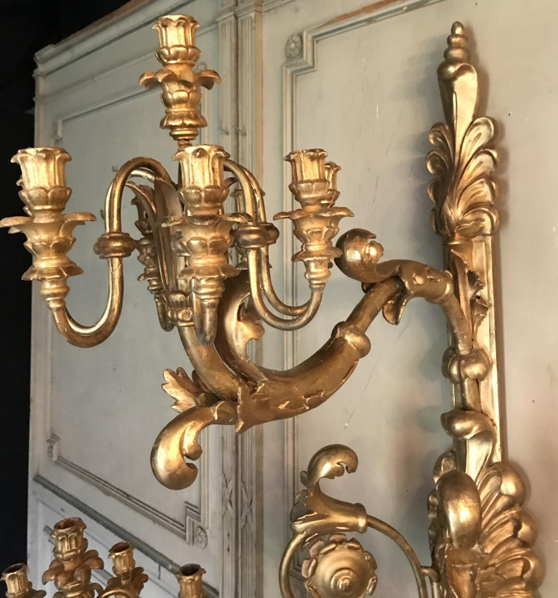 Pair of monumental wall light in golden wood