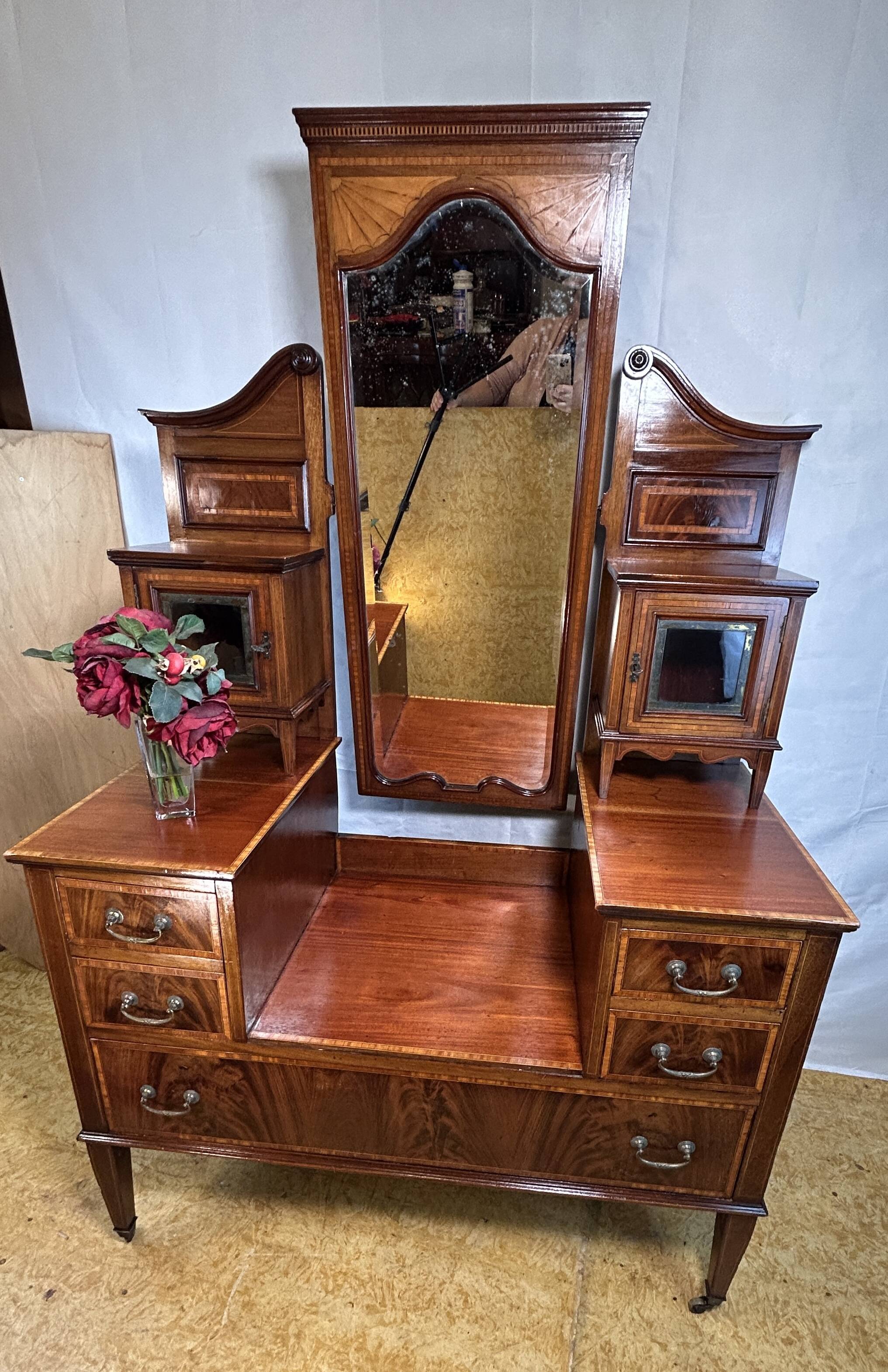 Edwardian Vintage Inlaid Console Hall Table / Dressing Table – 1900–1910