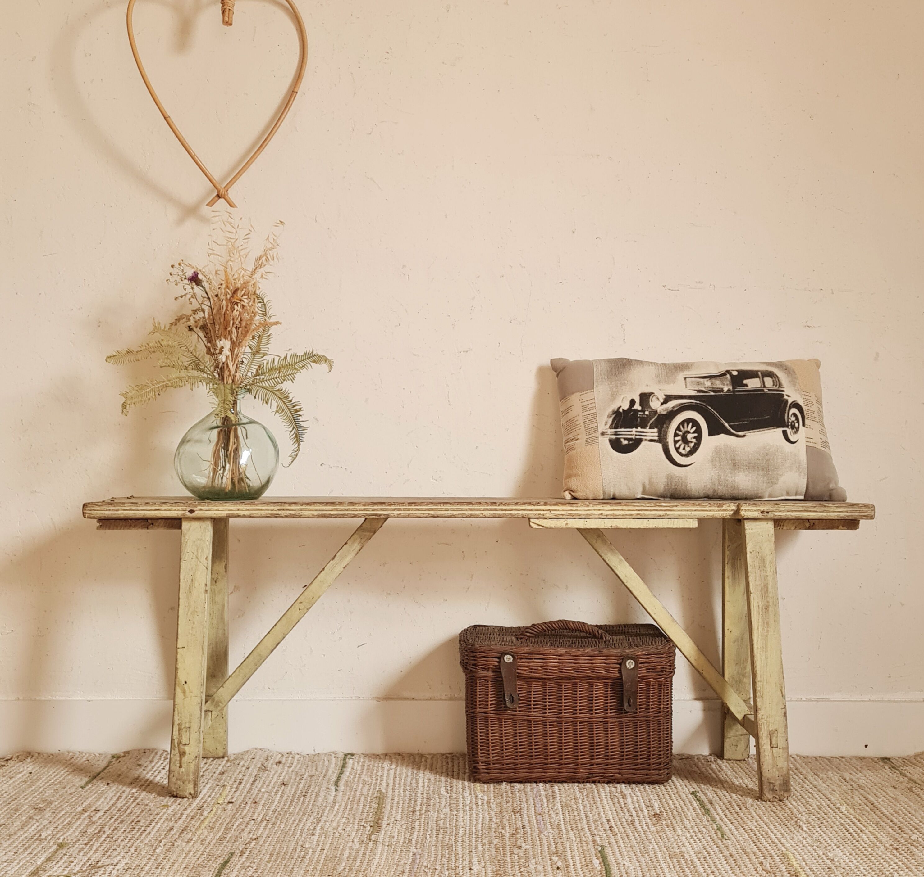 Banc de ferme ancien patine vert d'eau