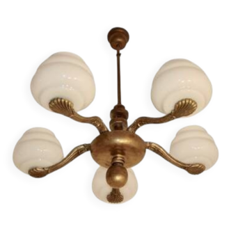 1930s-1940s chandelier – brass and glass, 5 x E27