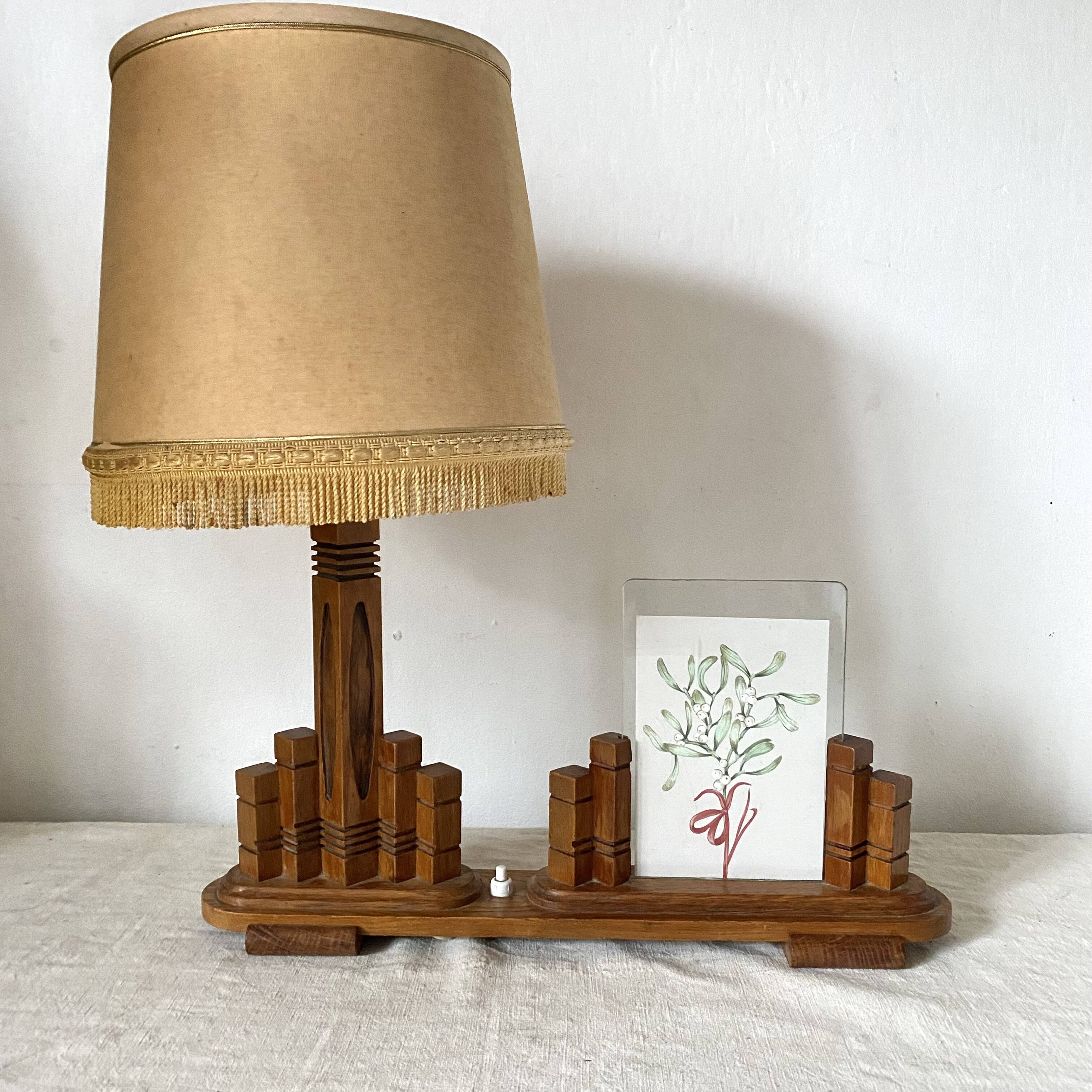 Art deco wooden lamp with photo holder