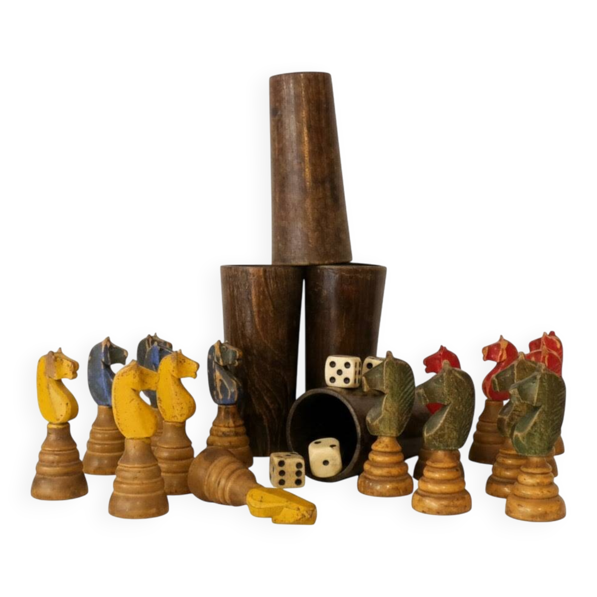 Deluxe Antique Game Little Horses 4 cups 4 dice made of bone and 16 horses