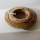 Vintage onyx ashtray from the 1980s, large round, brutalist design, brown and beige tones, sculptural table accent, modernist object, elegant gift idea.