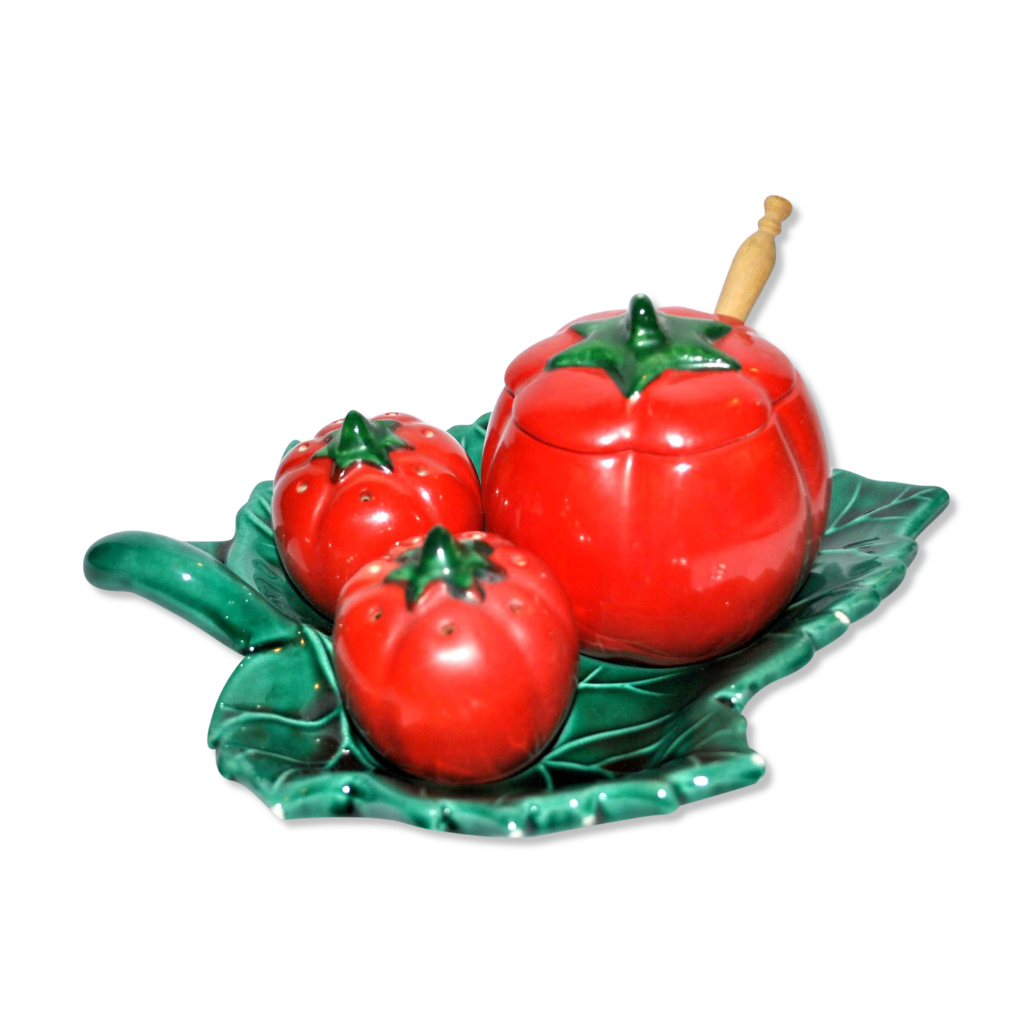 Service salt pepper mustard tomato slurry from vallauris - salt shaker ceramic pepper vintage