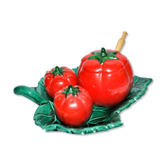 Service salt pepper mustard tomato slurry from vallauris - salt shaker ceramic pepper vintage