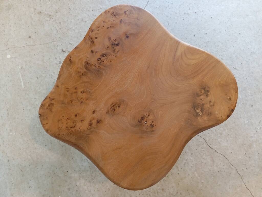 Freeform elm burl tripod coffee table