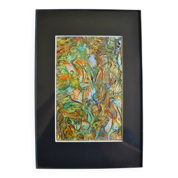 Framed abstract painting under glass