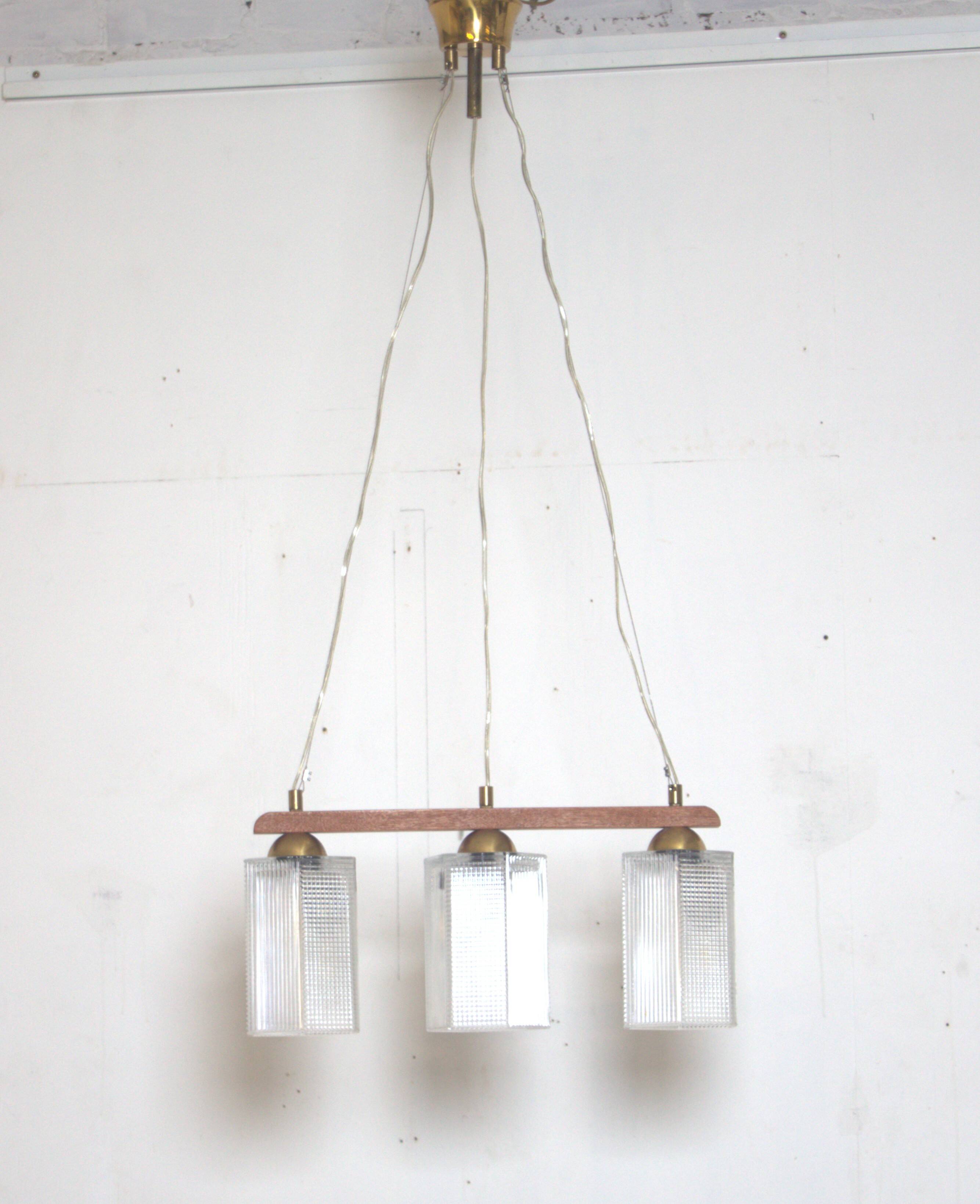 Teak, brass and glass pendant light, Denmark, 1970s