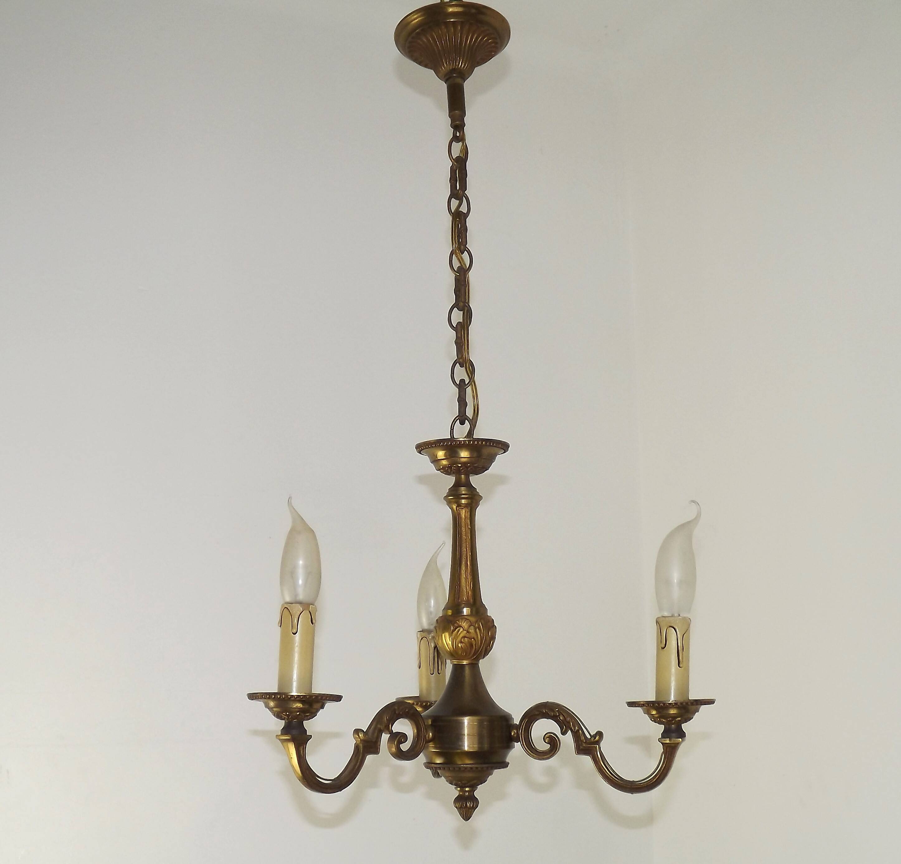 Art Nouveau bronze chandelier with 3 lights, France