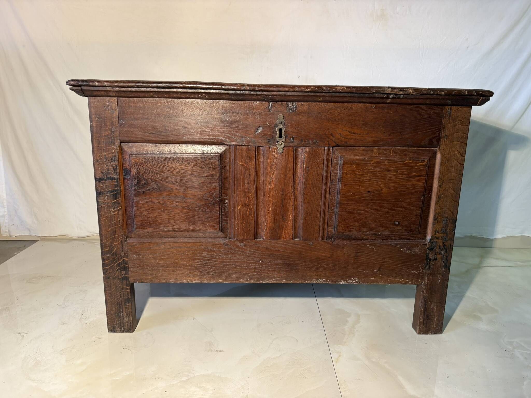 Rustic antique oak chest, original fittings and moulded panels.
