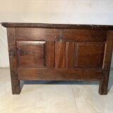 Antique rustic oak chest with original hardware and molded panels
