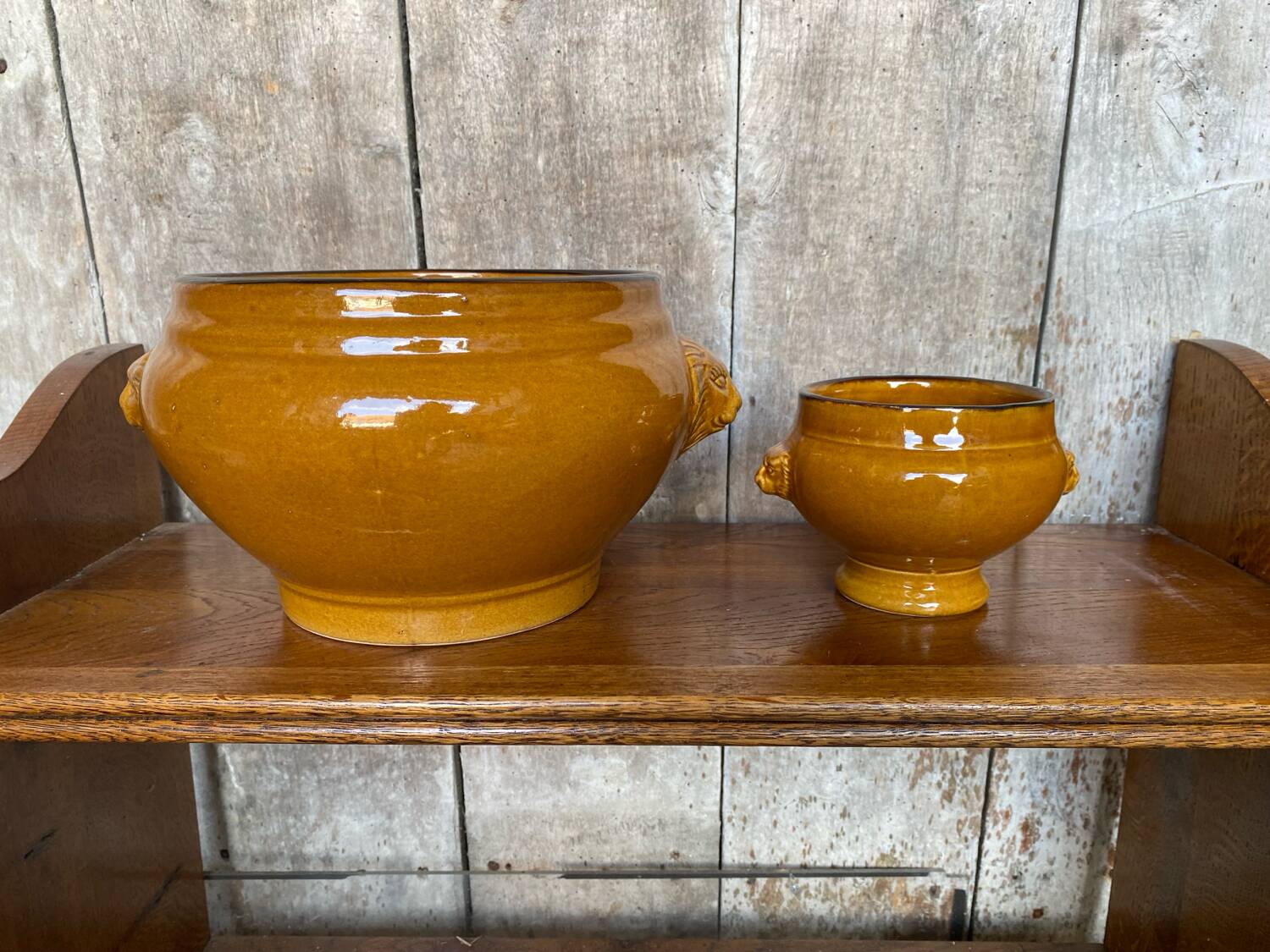 Antique Soup Tureen + 6 Onion Bowls Beige Ceramic Lion Head Vintage #B578