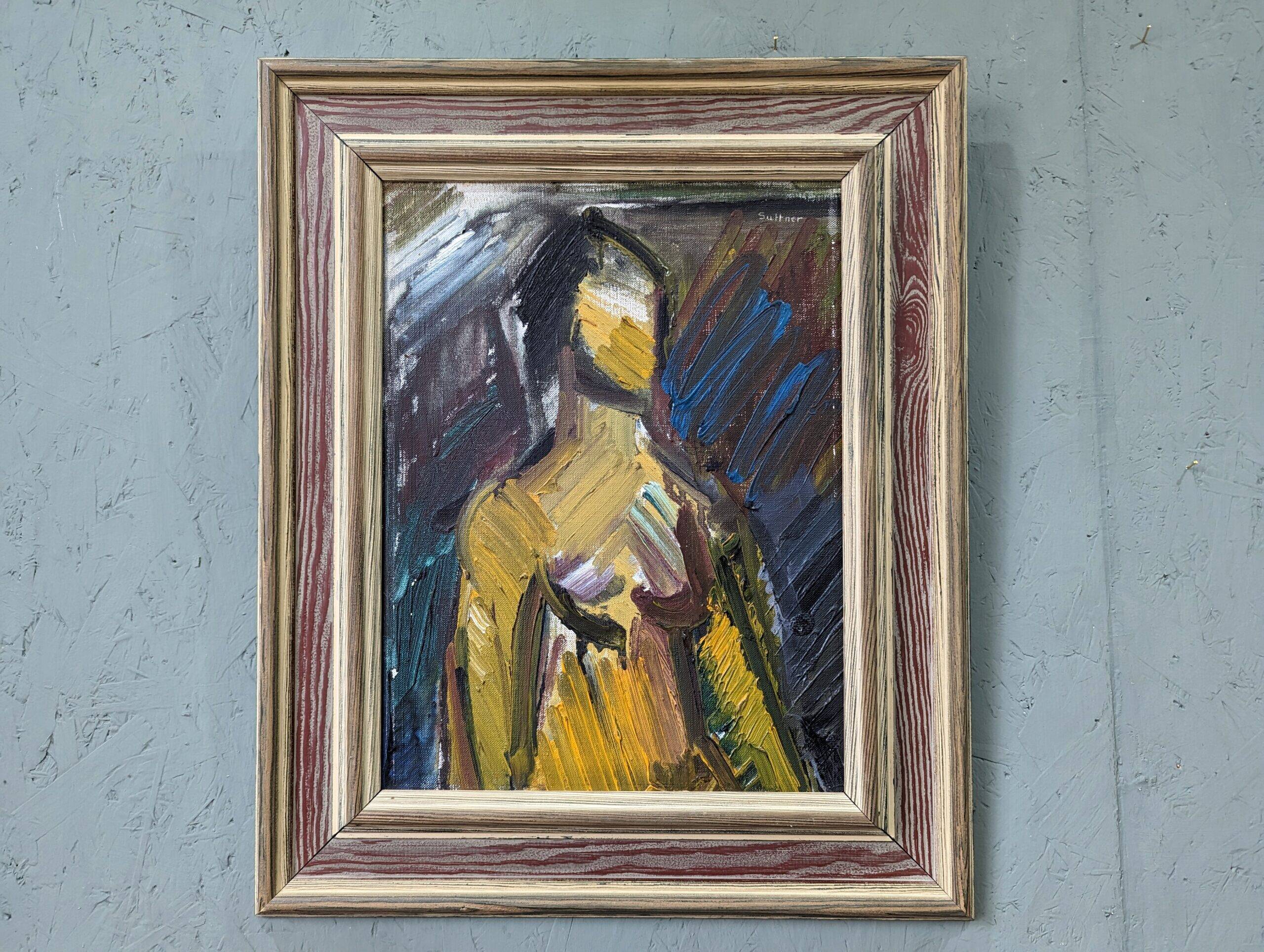 Mid-Century Modern Swedish "Painterly Portrait" Vintage Portrait Oil Painting, Framed