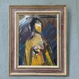 Mid-Century Modern Swedish "Painterly Portrait" Vintage Portrait Oil Painting, Framed