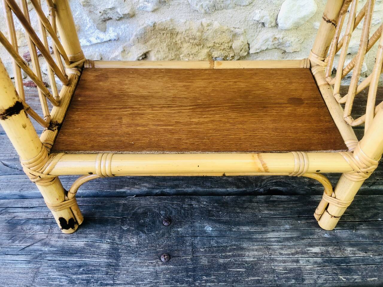 Wall shelf blond wood, bamboo, vintage rattan