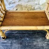 Wall shelf blond wood, bamboo, vintage rattan