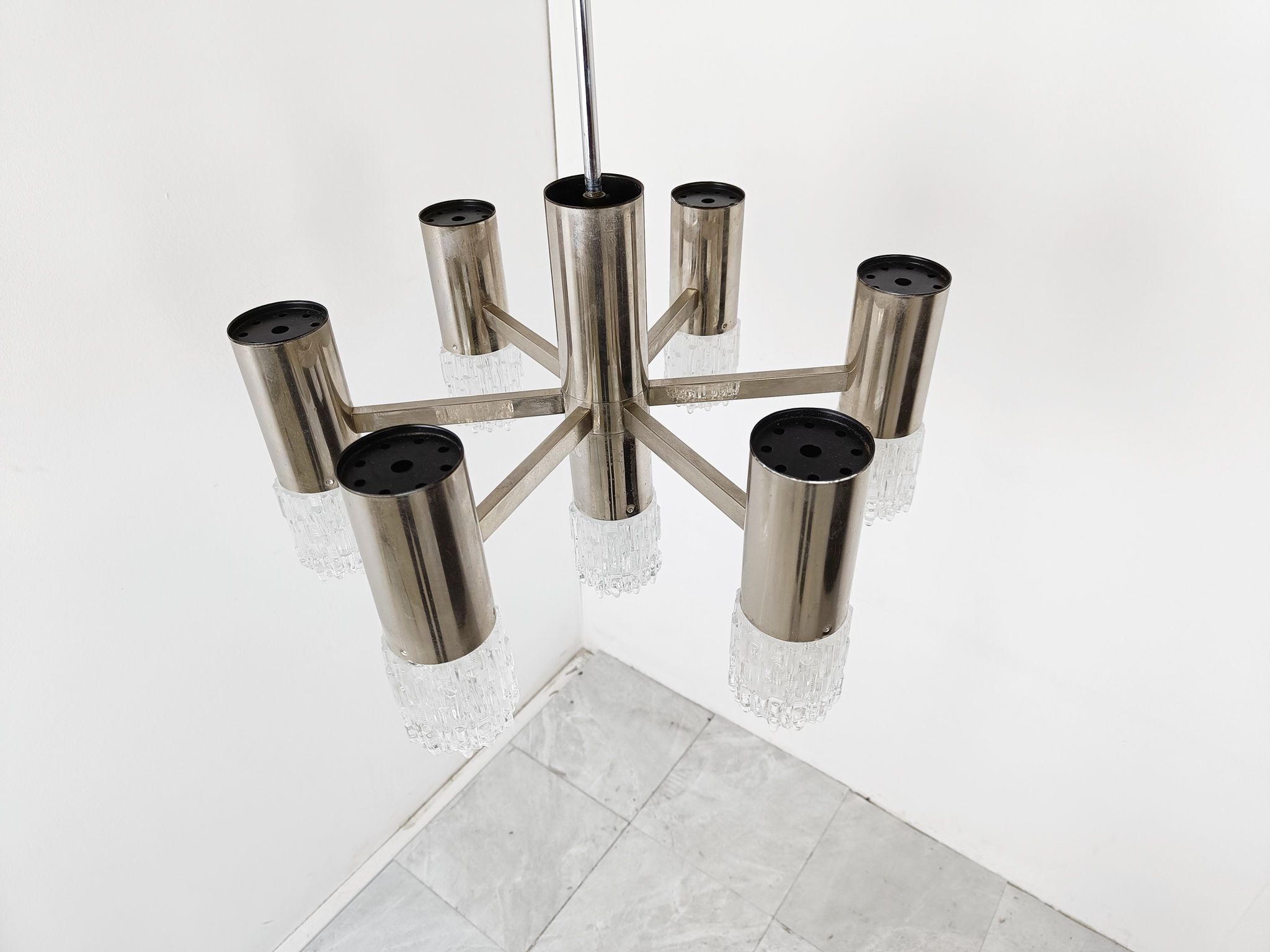 Lustre en chrome et verre, années 1970